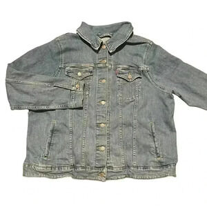 Levis Denim Jacket Womens 3X Blue Top Distressed Trucker Long Sleeve